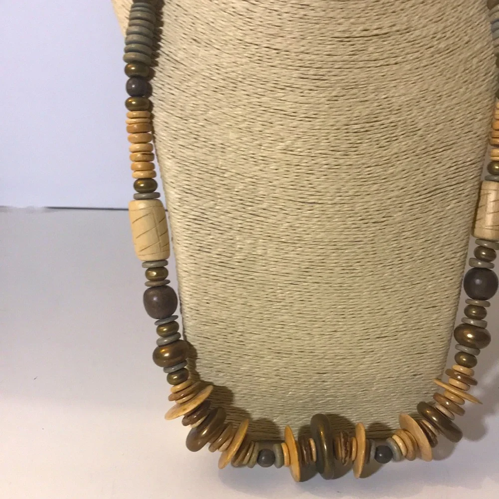 Necklace beaded wood metal cream brown vintage boho neutral tribal summer
